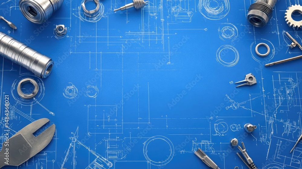 Aufkleber collaborative table with blueprint overlays, tools, and open engineering guides