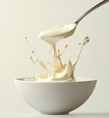 Creamy Splash from Spoon in White Bowl Against Neutral Background Captured in High-Quality Stock Photography