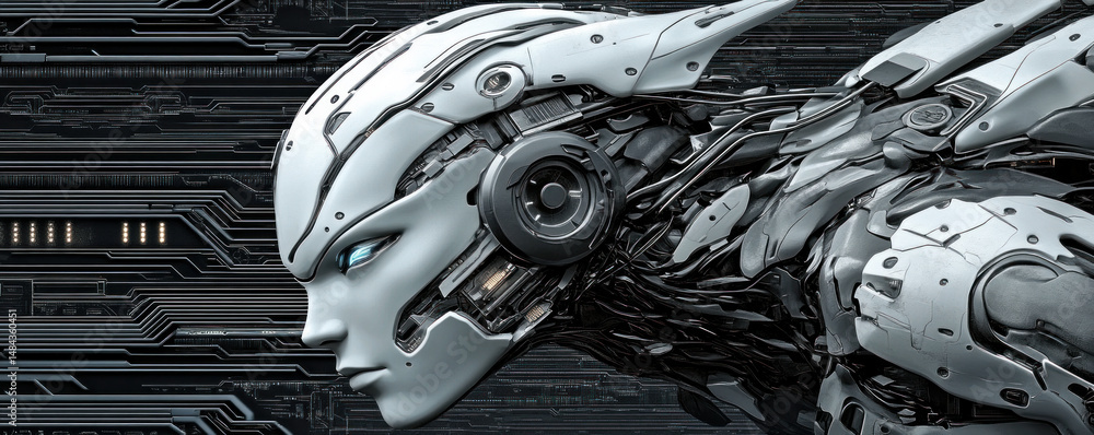Poster a futuristic robot with a face and a head. the robot is made of metal and has a metallic look