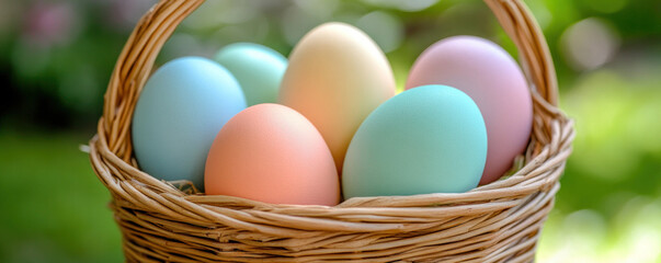 Naklejka premium A basket full of colorful eggs. The basket is woven and has a basket handle. The eggs are of different colors, including blue, green, yellow, and orange