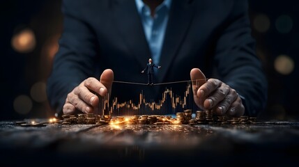 Tightrope walker delicately balancing on an upward trending interest rate graph symbolizing the financial risks and challenges businesses face navigating economic uncertainty and rate hikes