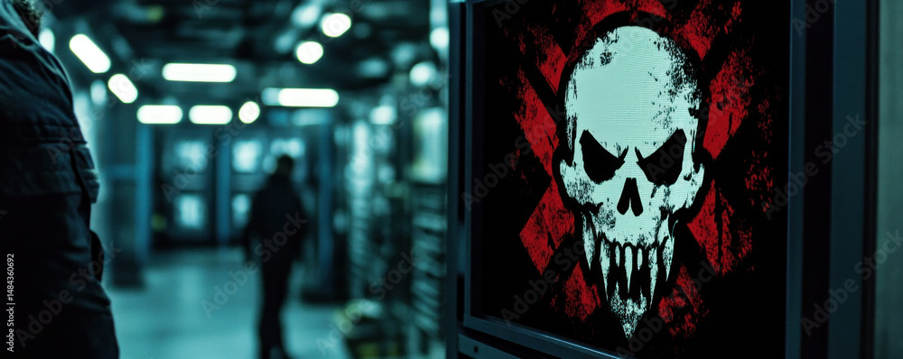 Aufkleber a skull with red and black colors is displayed on a computer monitor. the skull is surrounded by a r