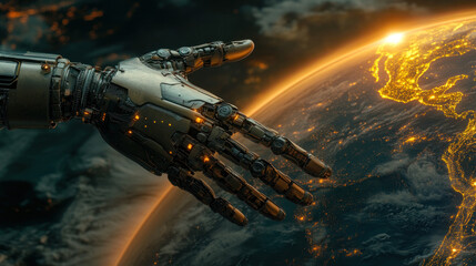 A robotic hand is reaching out to the planet Earth. Concept of wonder and curiosity about the vastness of space and the possibility of life beyond our planet. The robotic hand, with its metallic