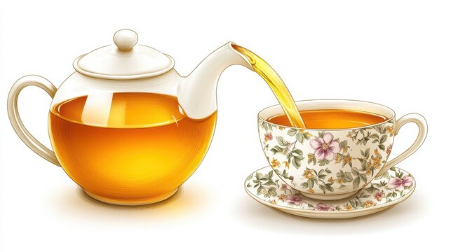 Floral cup pouring gold liquid drink from pot against white back