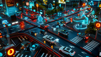 Futuristic Smart City Traffic Control System with AI and Holographic Interface. sync AI traffic control system with glowing lanes and autonomous cars moving in perfect.