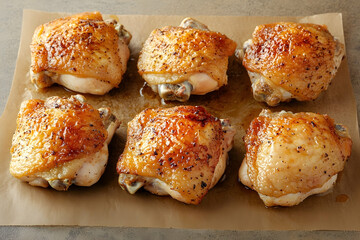 Roasted chicken thighs arranged on parchment paper.