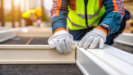 construction worker safety vest building process. A construction worker adjusts metal frames on a building site, showcasing teamwork and industry in action.