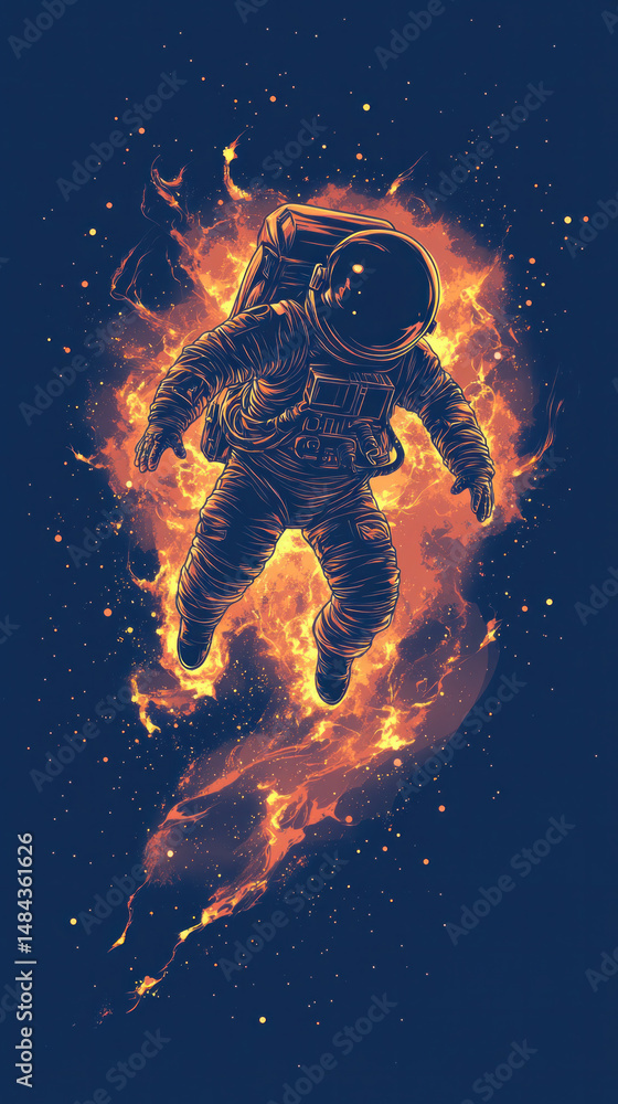Poster a man in a spacesuit is floating in space with a fire behind him. the image has a sense of adventure