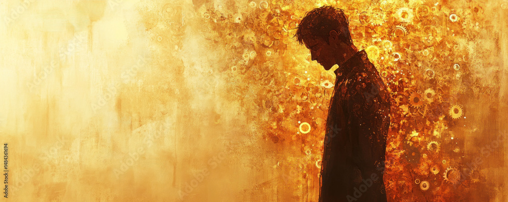 Poster a man is standing in front of a wall with a yellow background. the man is looking down and he is in 