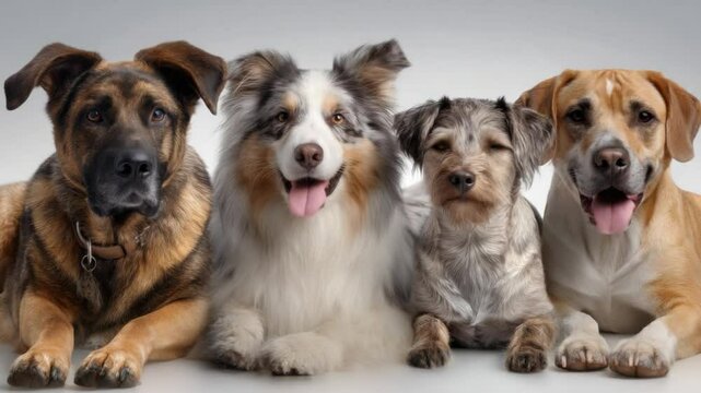 Diverse Canine Ensemble: A heartwarming studio portrait of four dogs of different breeds, showcasing their unique fur patterns and friendly expressions in a unified, cohesive arrangement.