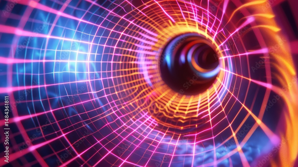 Poster abstract digital image of a colorful vortex with grid patterns on a dark background. digital artwork