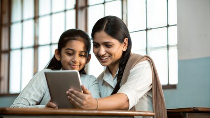 Friendly Indian Educator Supporting Learner with Tablet
