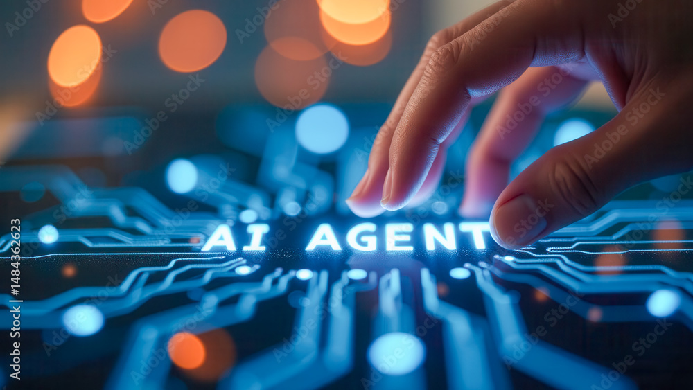 Poster hand touching ai agent text on futuristic circuit board with glowing elements