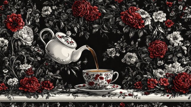 Artistic tea pouring scene with red roses and floral pattern evo
