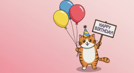 Fototapeta premium Adorable Birthday Cat with Balloons and Happy Birthday Sign A Festive Cartoon Illustration Perfect for Greetings Cards and Celebrations