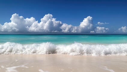 Turquoise water meets white sand beach under a bright blue sky with fluffy clouds