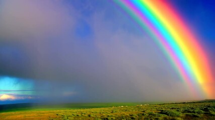 Vibrant rainbow arches over a rural landscape with rain, clouds and a bright blue sky creating a dramatic atmospheric scene - Powered by Adobe