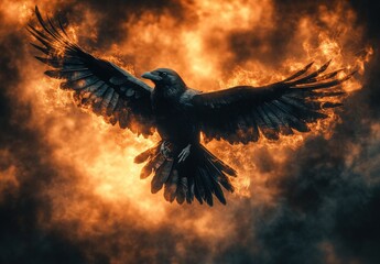 Majestic Raven in Flight Amidst Fiery Flames and Dramatic Sky Background