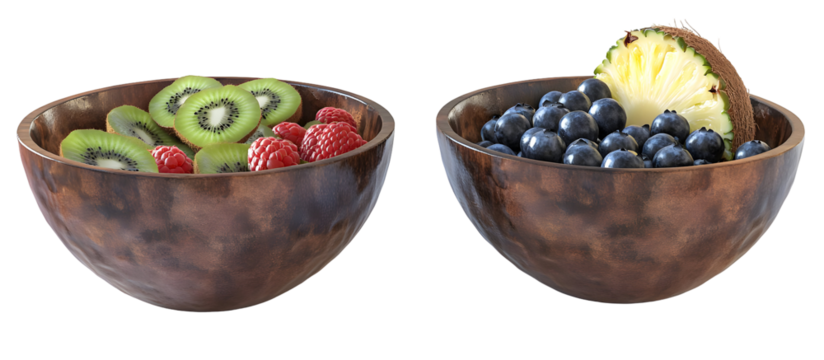 Wooden bowls overflowing with vibrant and fresh assorted fruits against black background