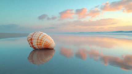 Single seashell resting on smooth reflective wet sand during pastel sunset along the ocean shoreline