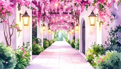 The road between the old houses with flowers and wooden doors
