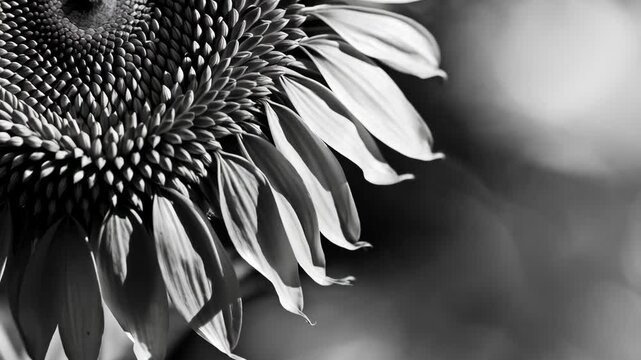 Dramatic monochrome image showcasing the intricate details of a large sunflower head with textured petals and seed formation.
