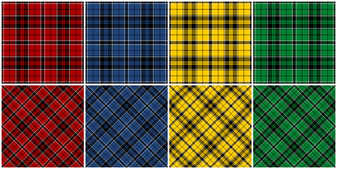 Straight and diagonal checkered seamless pattern in red, blue, yellow and green set. Vector tartan plaid pattern for flannel shirt, skirt, blanket, jacket, tablecloth, textile.