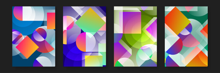 Four abstract designs with colorful circles and squares. Suitable for backgrounds, patterns, prints, and decorative purposes in various design projects.