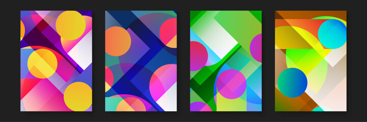 Fototapeta premium Four abstract designs with colorful circles and triangles, suitable for graphic design projects, social media posts, and marketing materials.