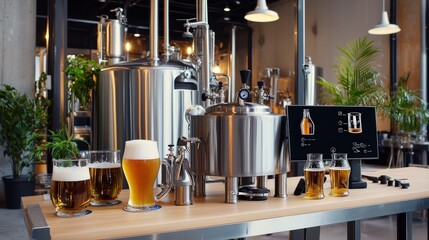 Brightly lit modern brewery showcases stainless steel equipment next to craft beer glasses, while a digital display shows brewing progress with clear information.