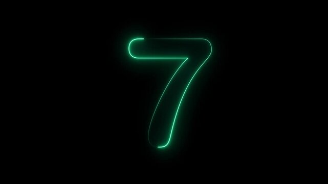 Neon glowing text 7 number animation on black background, Neon number 7 with alpha channel, neon number 7 text animation concept, creative video
