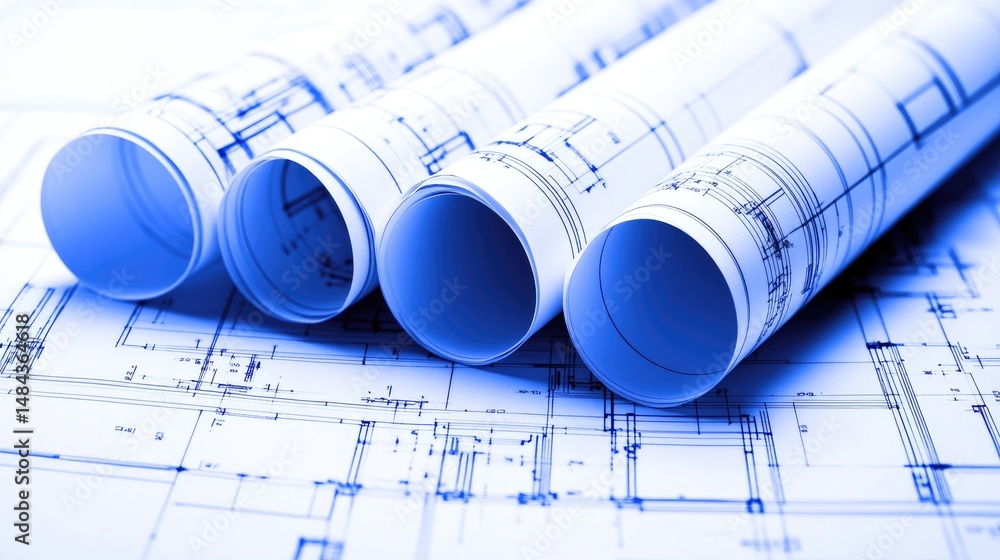 Poster desktop with architectural blueprints and engineering change request forms organized by team