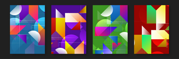 Four abstract geometric designs in vibrant colors; suitable for backgrounds, posters, and graphic design projects needing a modern touch.