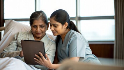 Senior Indian Patient and Female Nurse Sharing Positive Conversation with Tablet
