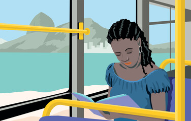 Graphic style art of a woman reading a book on a city bus. Art with a landscape of the city of Rio de Janeiro, Brazil, in the background.