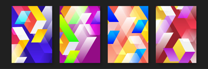 Four colorful abstract patterns with geometric shapes perfect for backgrounds, digital designs, branding, and creative projects. Great for visual content creation.