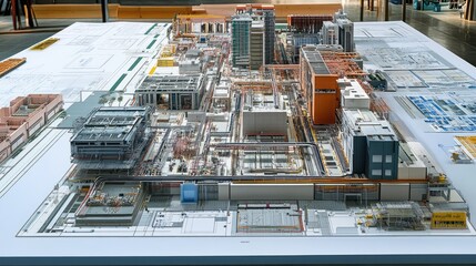 Detailed mechanical and electrical plans on top of architectural drawings on table