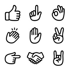 Obraz premium A set of doodle line icons showing various hand gestures including thumbs up, pointing, clapping, handshake, peace sign, and okay