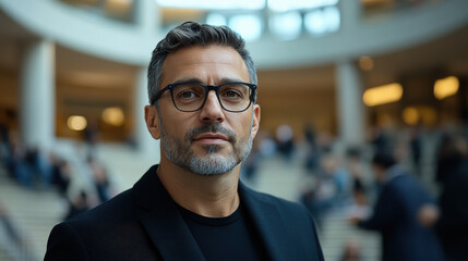 Obraz premium Confident middle-aged professional man with glasses and beard in modern corporate office environment with colleagues working in background