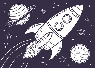 Coloring Page Outline Of cartoon Rocket with planets and stars