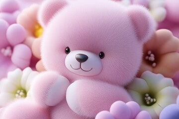 Fototapeta premium a fluffy cute bear smiling gently, surrounded by colorful flowers in pastel colors.