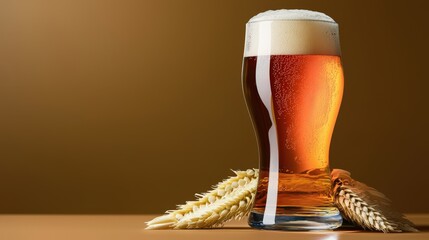 A refreshing glass of golden beer with a frothy head sits on a table next to some wheat stalks, creating a pleasing image that suggests relaxation and enjoyment.