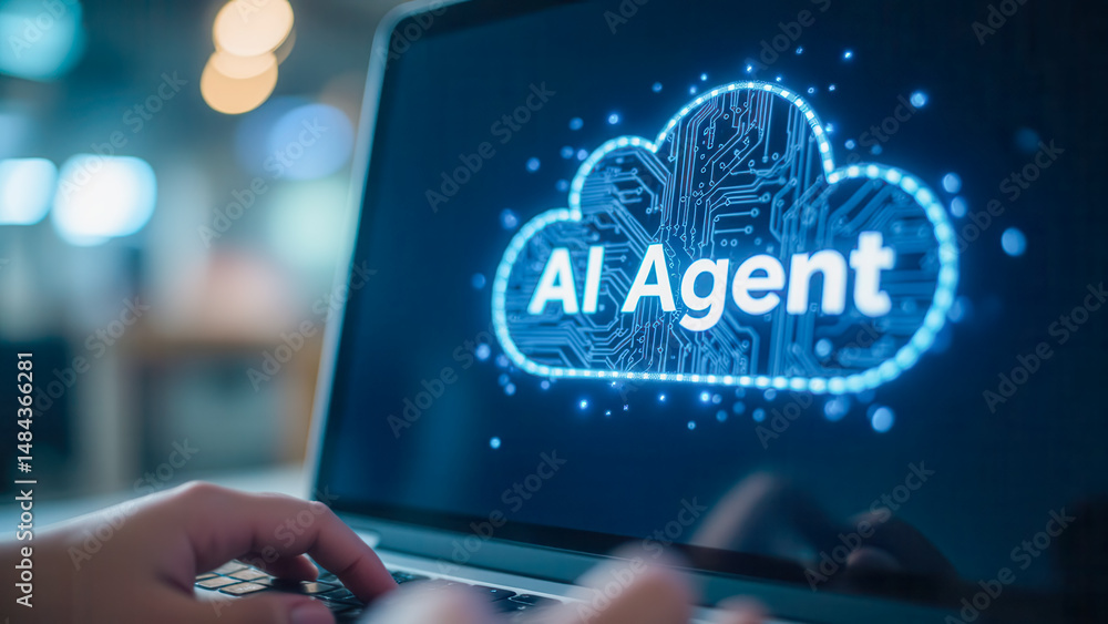 Aufkleber modern ai agent concept on laptop with cloud computing and digital background