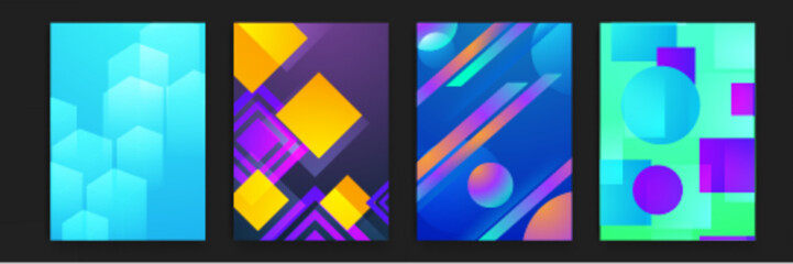 Four colorful abstract backgrounds with geometric shapes. Suitable for creative designs, presentations, digital art projects, and modern aesthetics.