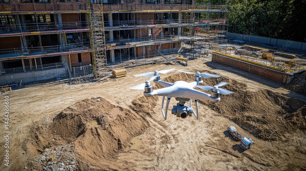Poster drone camera displaying site progress tracking overlays above urban infrastructure site
