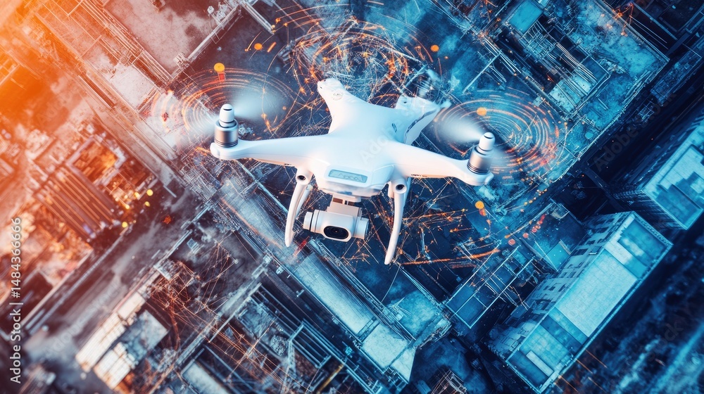 Poster drone camera displaying site progress tracking overlays above urban infrastructure site