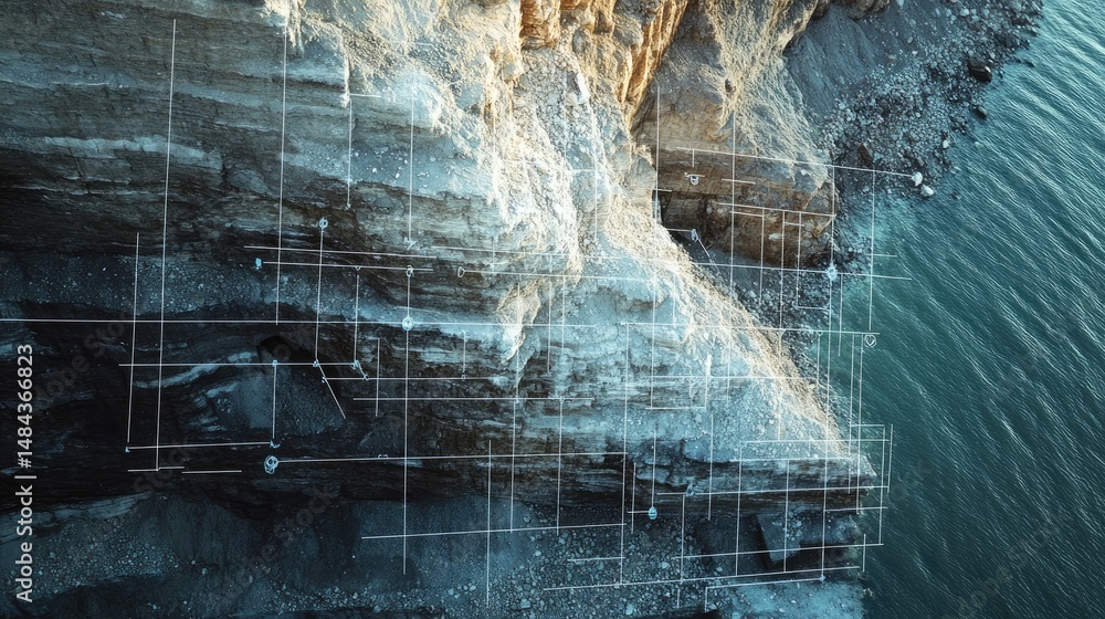 Poster drone shot overlay with engineering annotations showing site division and excavation zones