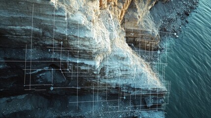 Drone shot overlay with engineering annotations showing site division and excavation zones