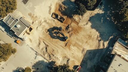 Drone shot overlay with engineering annotations showing site division and excavation zones