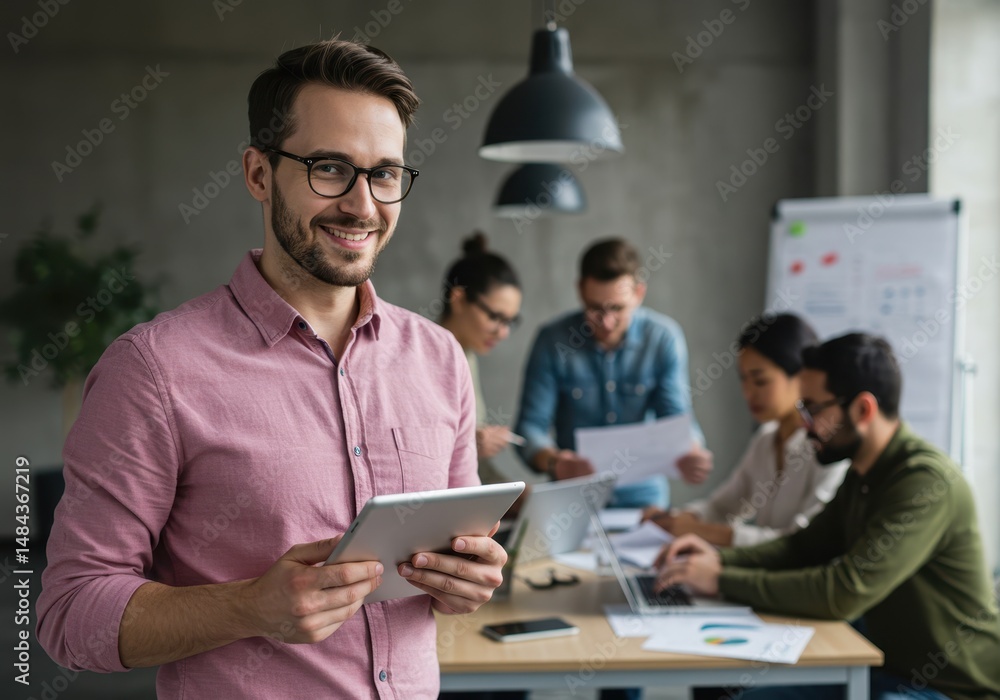 Poster smiling man holding a tablet with colleagues working at a desk in the background